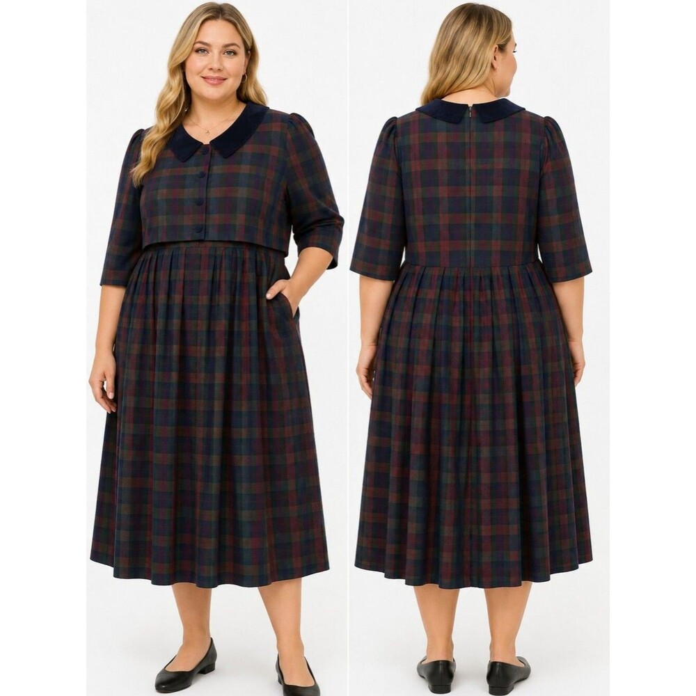 Lady Dorby Vintage 90s Plaid Midi Dress 20WP Blue Green Red Peter Pan Collar